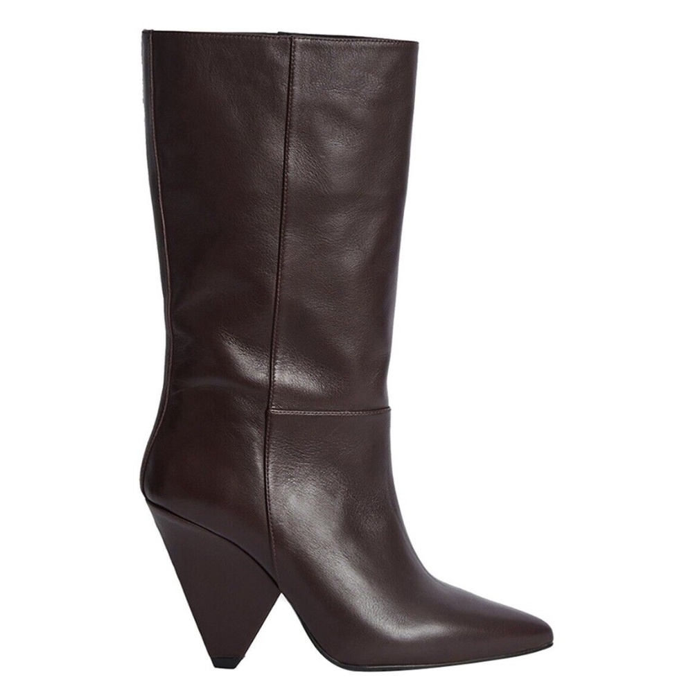 Reiss Women Jax Leather Mid Calf Length Cone Heel Plum Boots Size 38